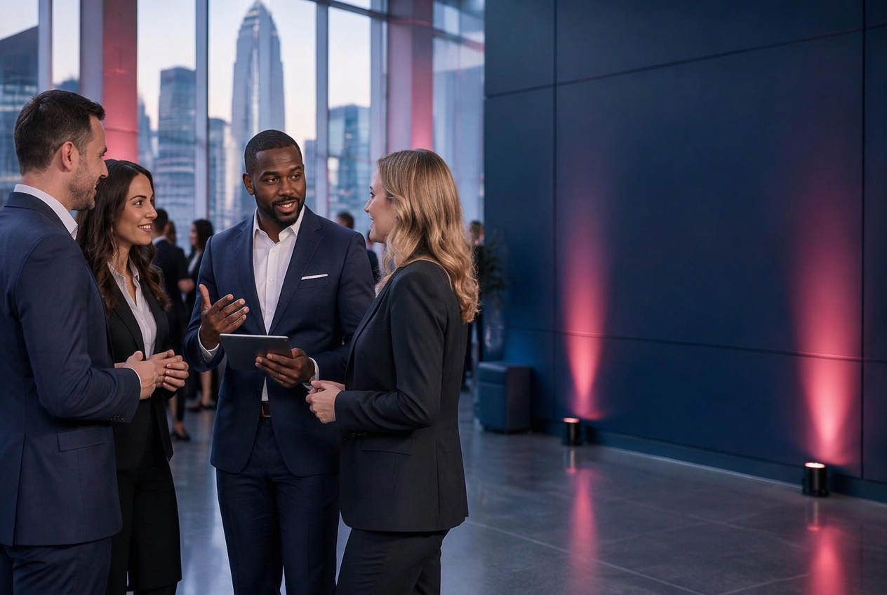 Illustrative generated scene of professionally dressed representatives in a customer conversation